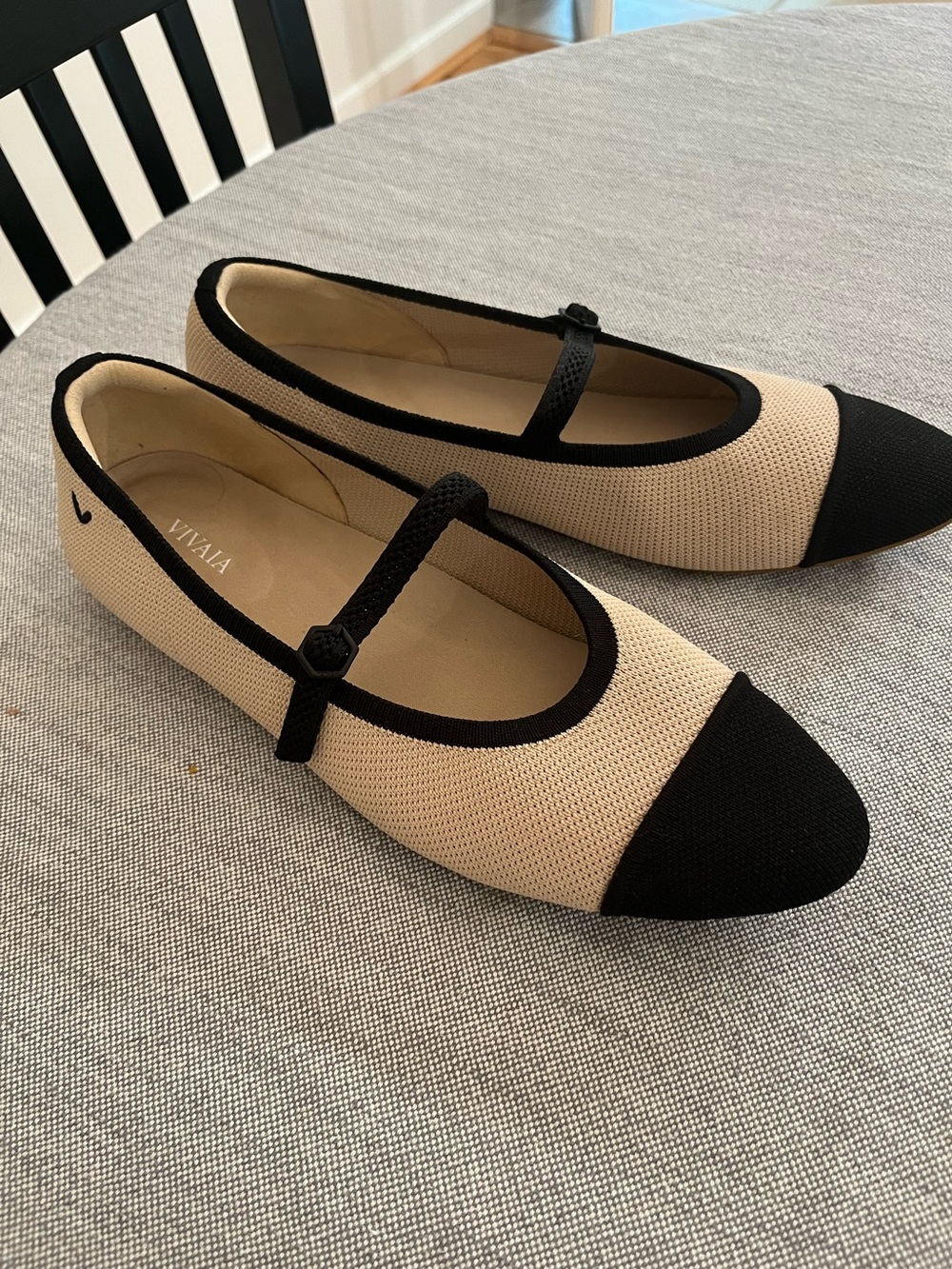 Vivaia Beige and Black Mary Jane Flats